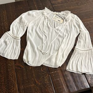 Ramy Brook White Boho Tie-Neck Bell Sleeve Blouse size M NWT